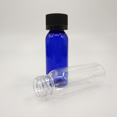 1 oz Cobalt Biru Plastik Boston Botol Bulat Dengan Cap Ribbed Hitam
